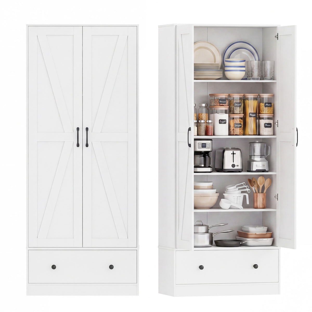 72 Inch Kitchen Pantry Cabinet, 2 Doors, Farmhouse Wooden Cupboard, White Sideboards Cabinets & Buffets at Gallery Canada