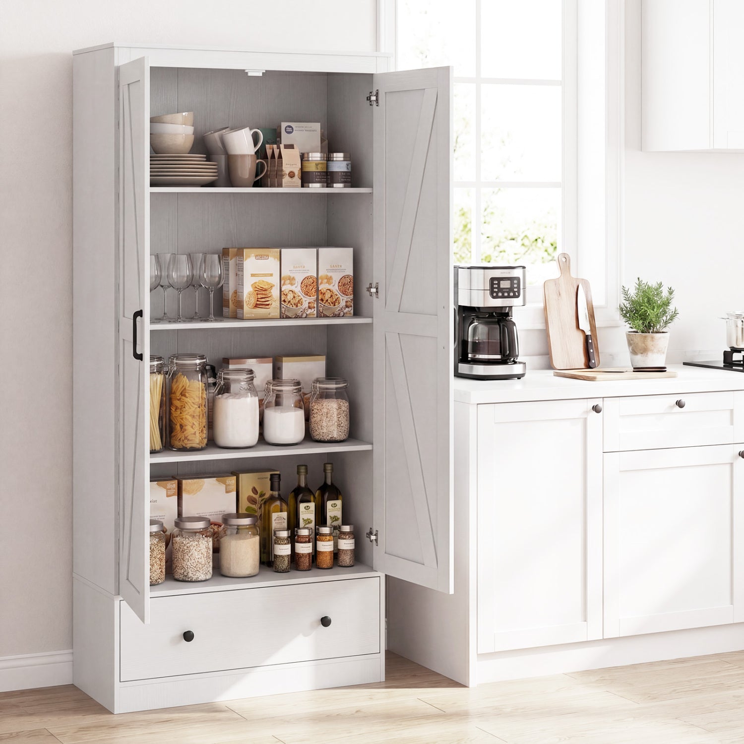 72 Inch Kitchen Pantry Cabinet, 2 Doors, Farmhouse Wooden Cupboard, White Sideboards Cabinets & Buffets at Gallery Canada
