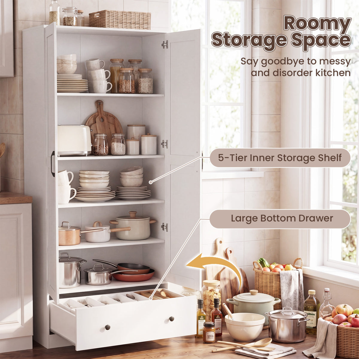 72 Inch Kitchen Pantry Cabinet, 2 Doors, Farmhouse Wooden Cupboard, White Sideboards Cabinets & Buffets at Gallery Canada