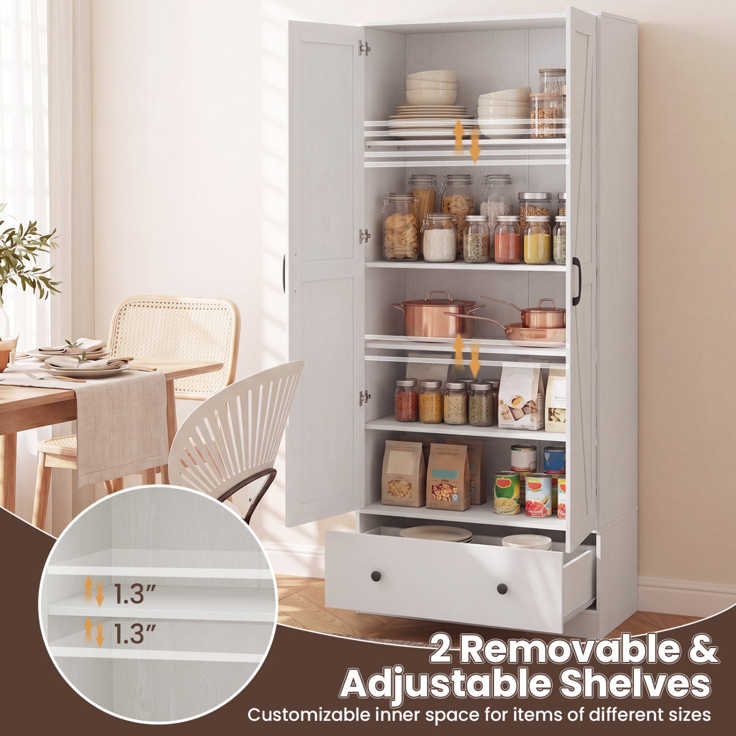 72 Inch Kitchen Pantry Cabinet, 2 Doors, Farmhouse Wooden Cupboard, White Sideboards Cabinets & Buffets at Gallery Canada