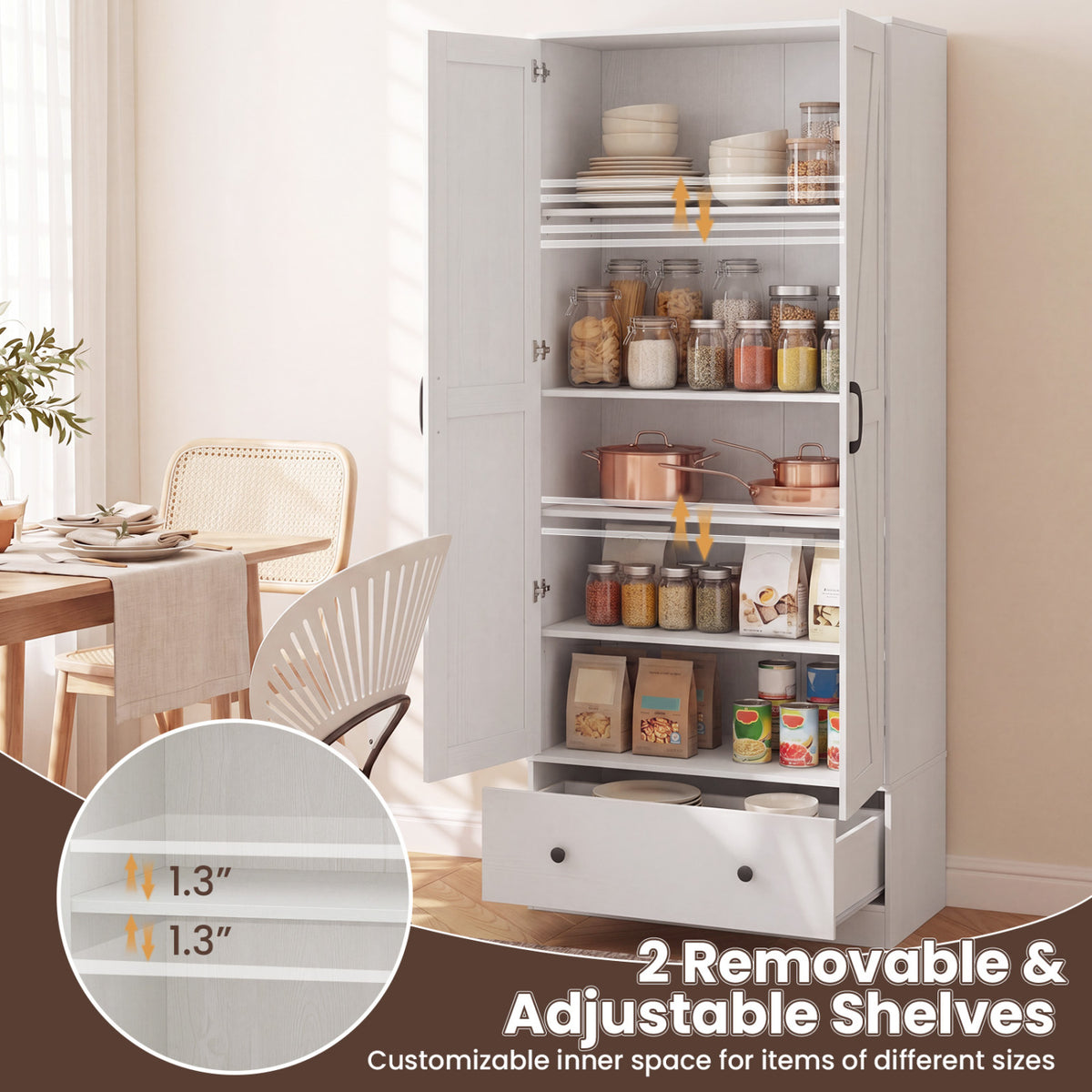 72 Inch Kitchen Pantry Cabinet, 2 Doors, Farmhouse Wooden Cupboard, White Sideboards Cabinets & Buffets at Gallery Canada