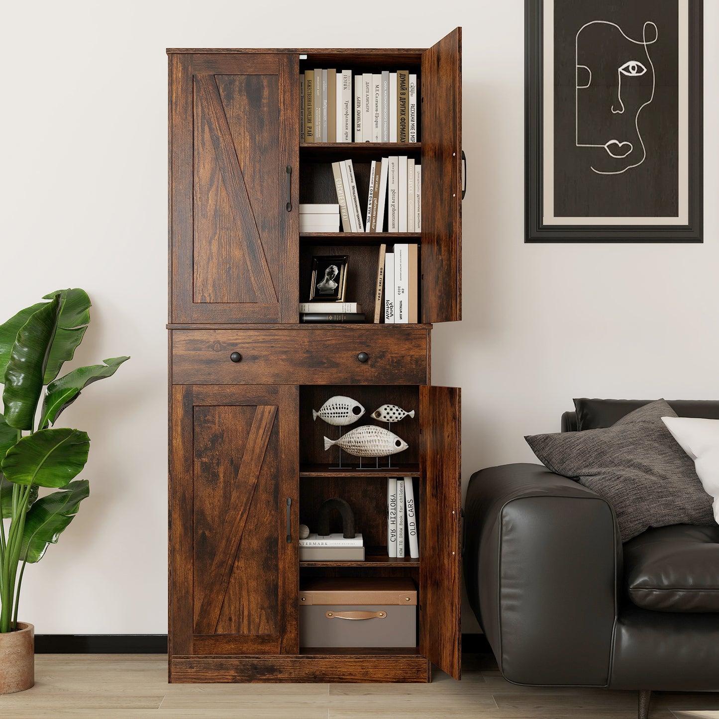 72 Inch Tall Modern Farmhouse Cupboard Cabinet with 4 Barn Doors, Coffee Clothing & Closet Storage at Gallery Canada