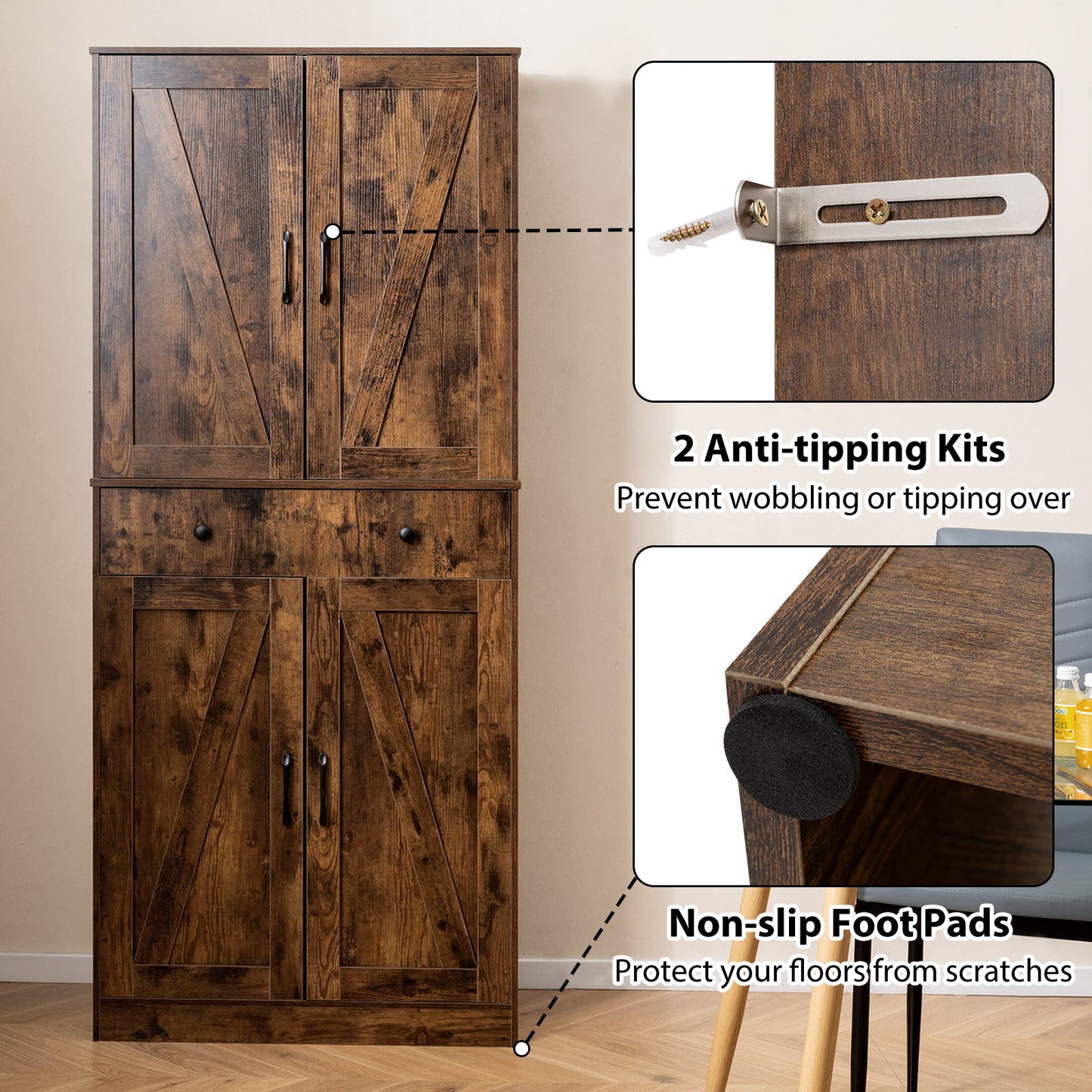 72 Inch Tall Modern Farmhouse Cupboard Cabinet with 4 Barn Doors, Coffee Clothing & Closet Storage at Gallery Canada