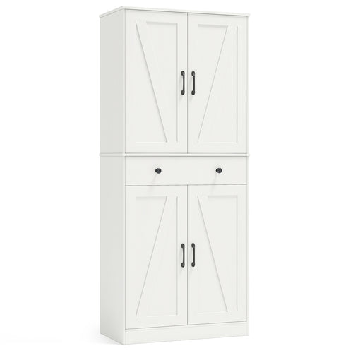72 Inch Tall Modern Farmhouse Cupboard Cabinet with 4 Barn Doors, White