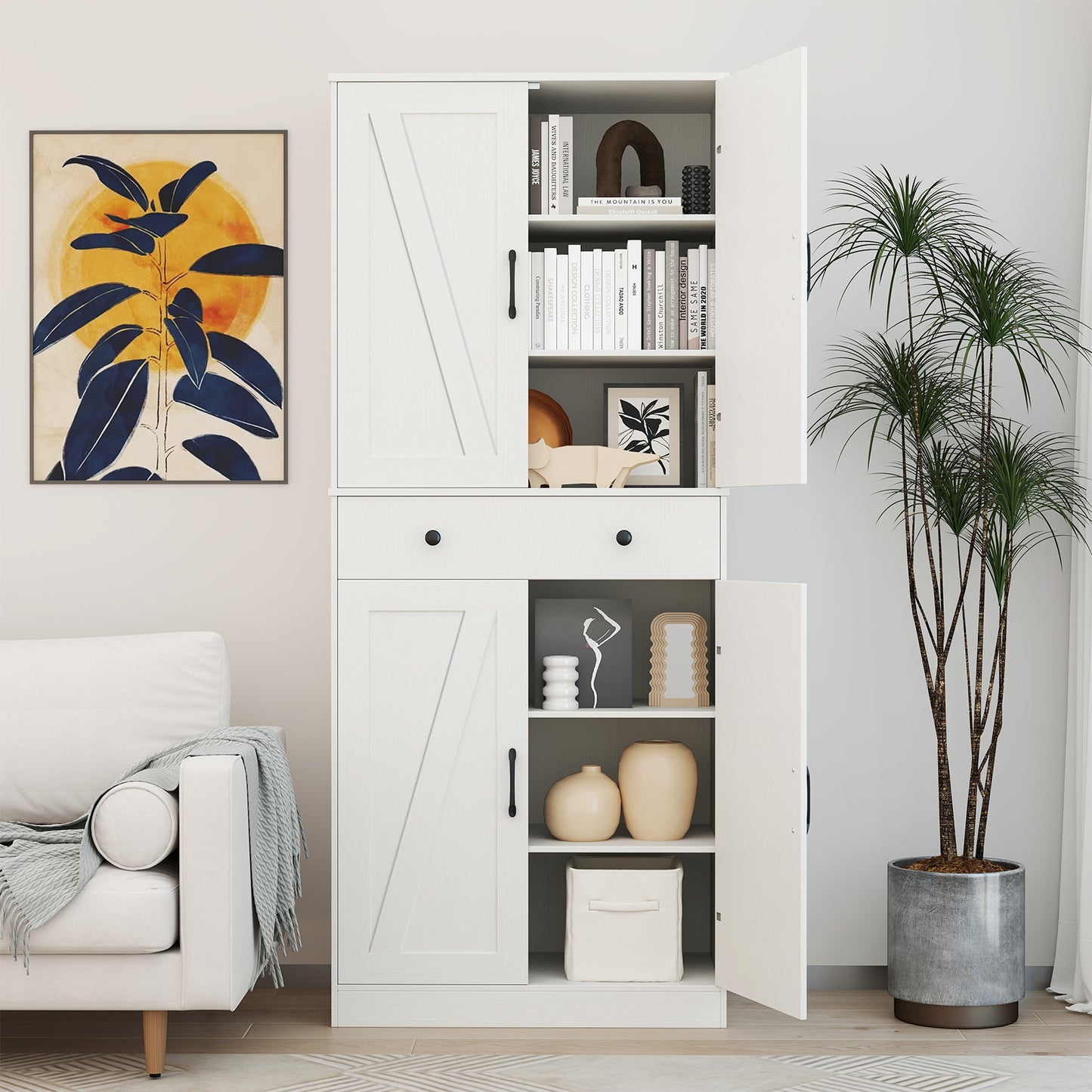 72 Inch Tall Modern Farmhouse Cupboard Cabinet with 4 Barn Doors, White Clothing & Closet Storage at Gallery Canada
