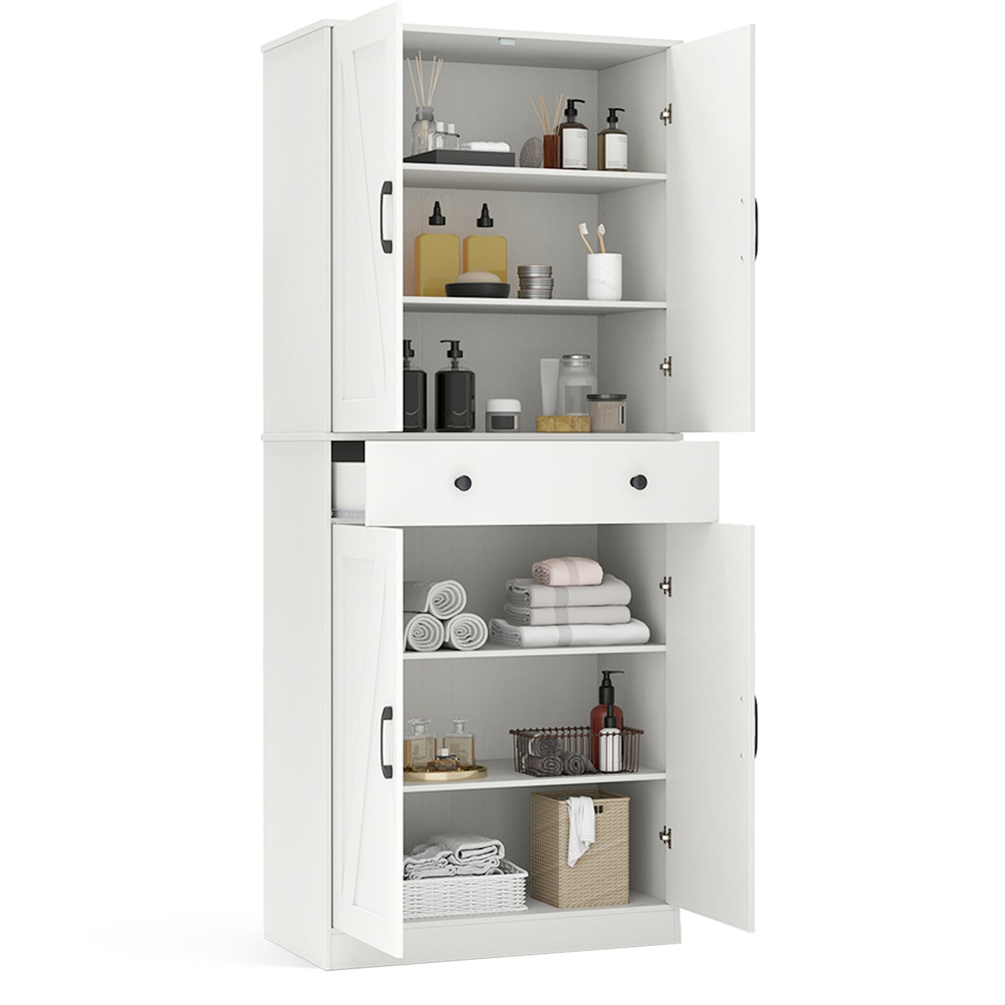 72 Inch Tall Modern Farmhouse Cupboard Cabinet with 4 Barn Doors, White Clothing & Closet Storage at Gallery Canada