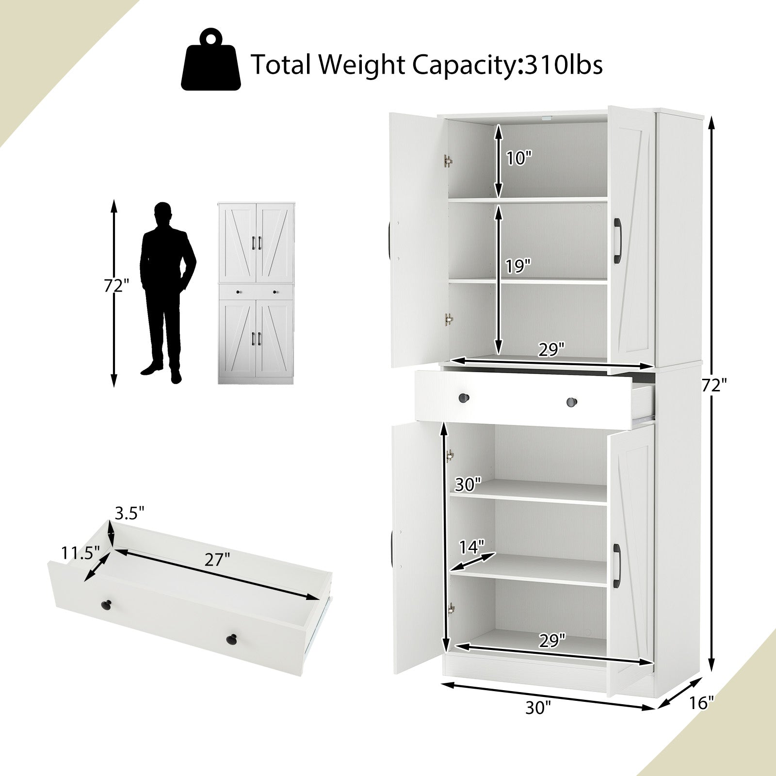 72 Inch Tall Modern Farmhouse Cupboard Cabinet with 4 Barn Doors, White Clothing & Closet Storage at Gallery Canada