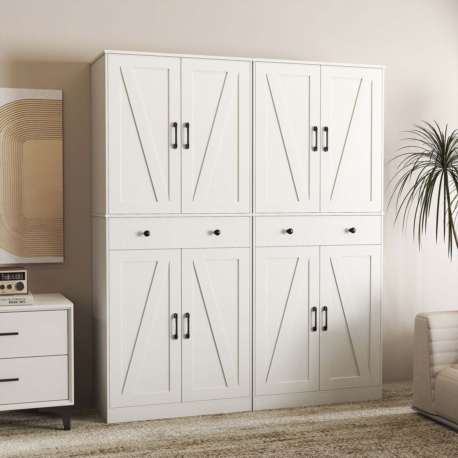 72 Inch Tall Modern Farmhouse Cupboard Cabinet with 4 Barn Doors, White Clothing & Closet Storage at Gallery Canada