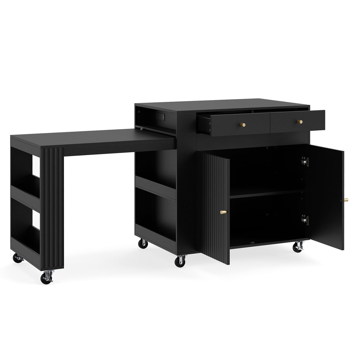 72" îlot de cuisine avec table à manger extensible, noir