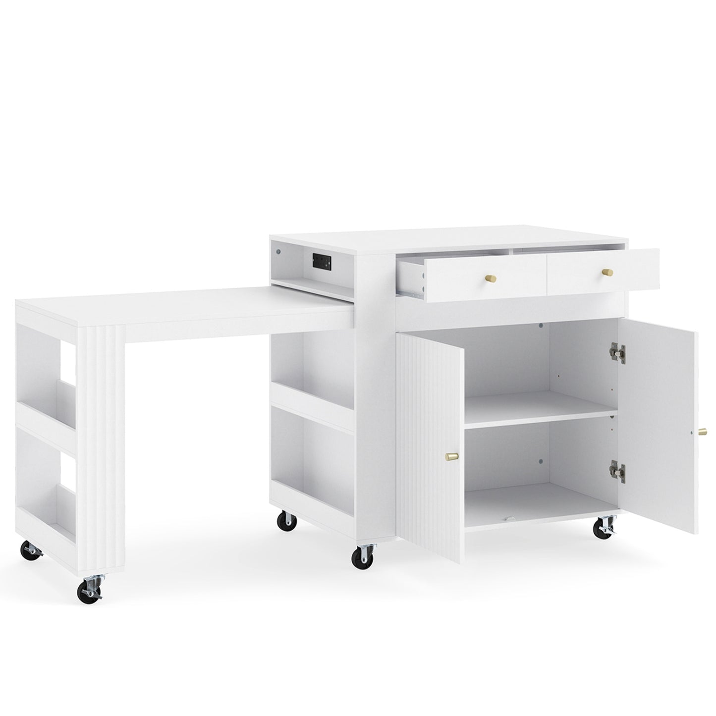 "72" Îlot de cuisine, Table à manger extensible, Prise de courant, Blanc