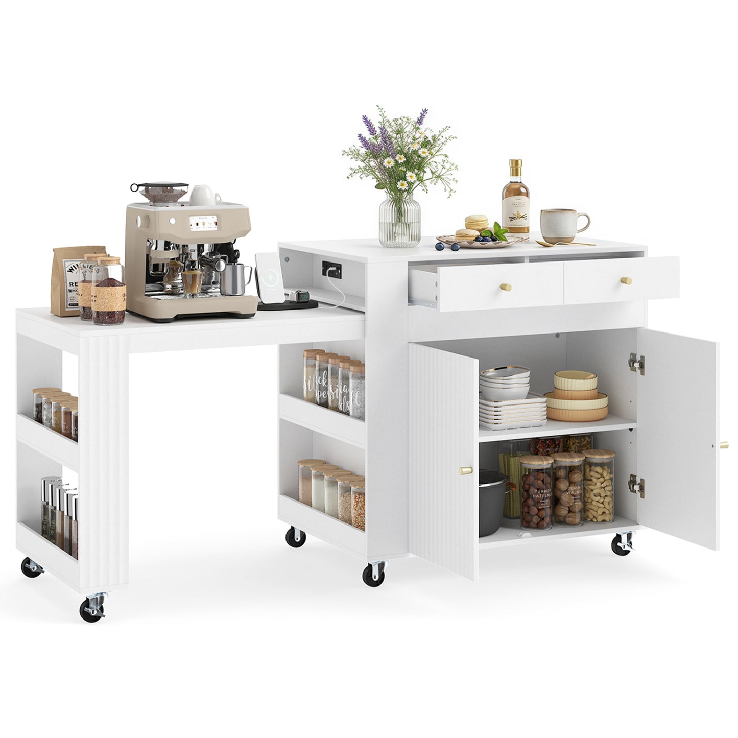 "72" Îlot de cuisine, Table à manger extensible, Prise de courant, Blanc