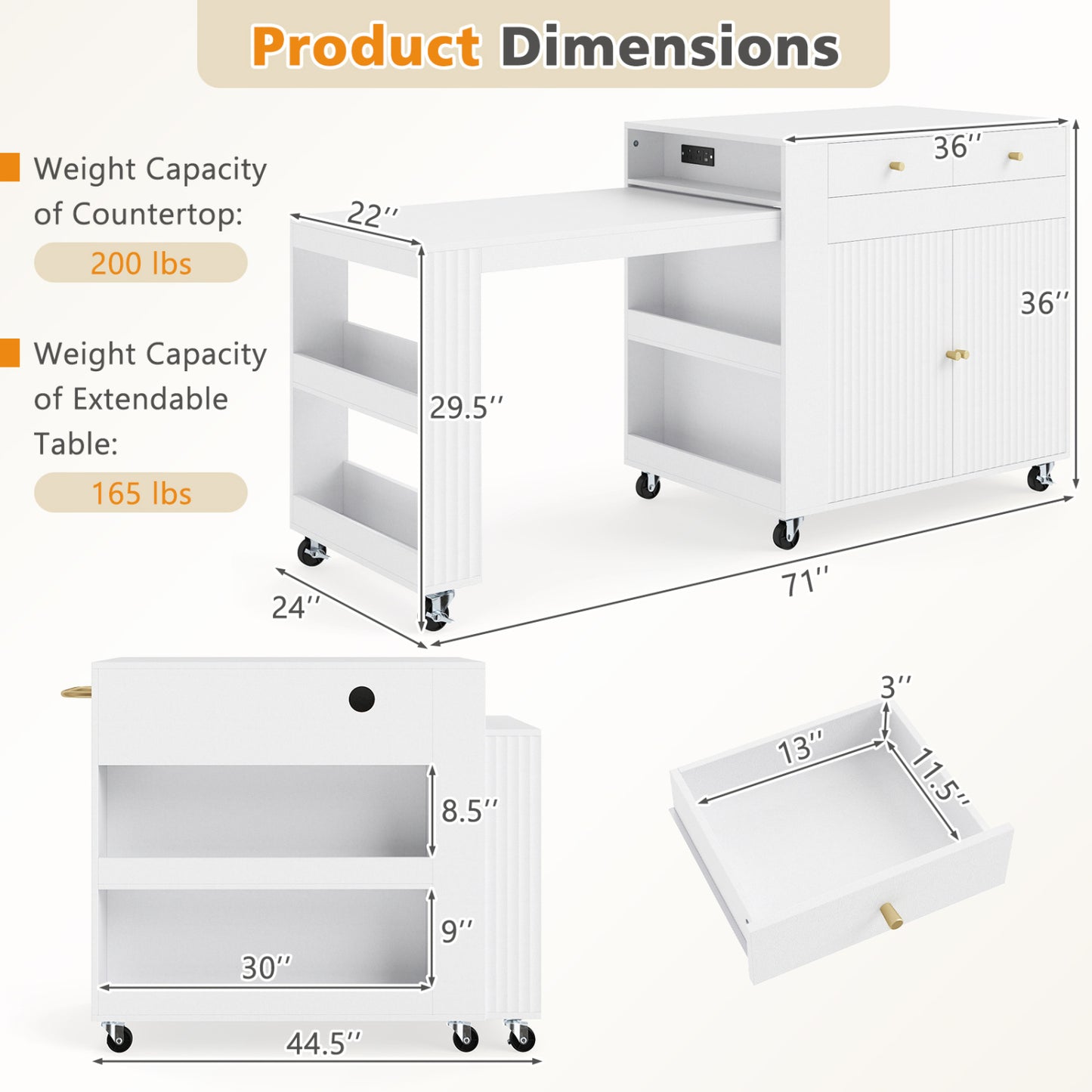 "72" Îlot de cuisine, Table à manger extensible, Prise de courant, Blanc
