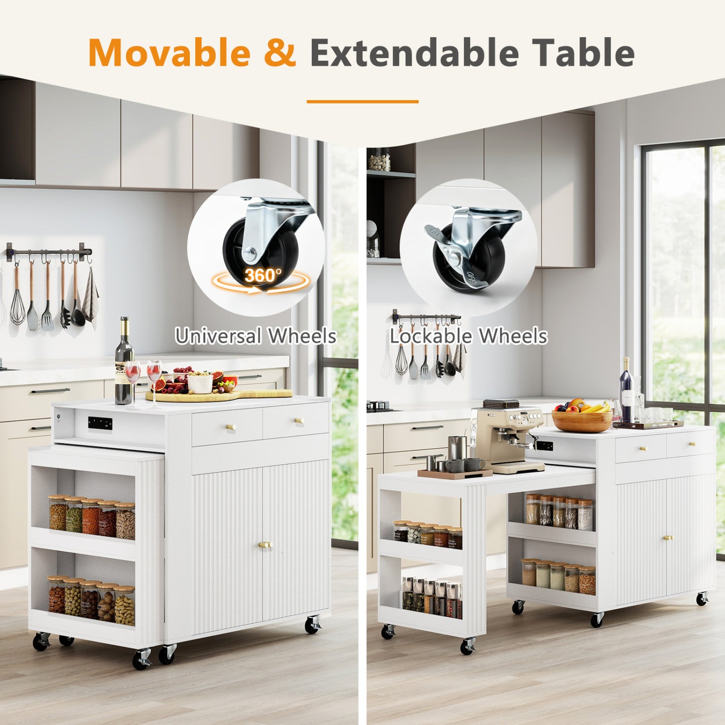 "72" Îlot de cuisine, Table à manger extensible, Prise de courant, Blanc