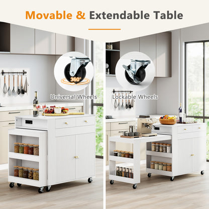 "72" Îlot de cuisine, Table à manger extensible, Prise de courant, Blanc