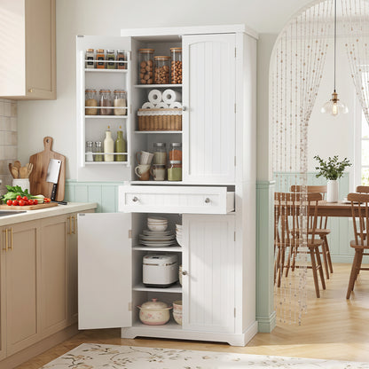 72" Tall Kitchen Pantry Cabinet, 4 Fluted Doors, 6 Shelves, White
