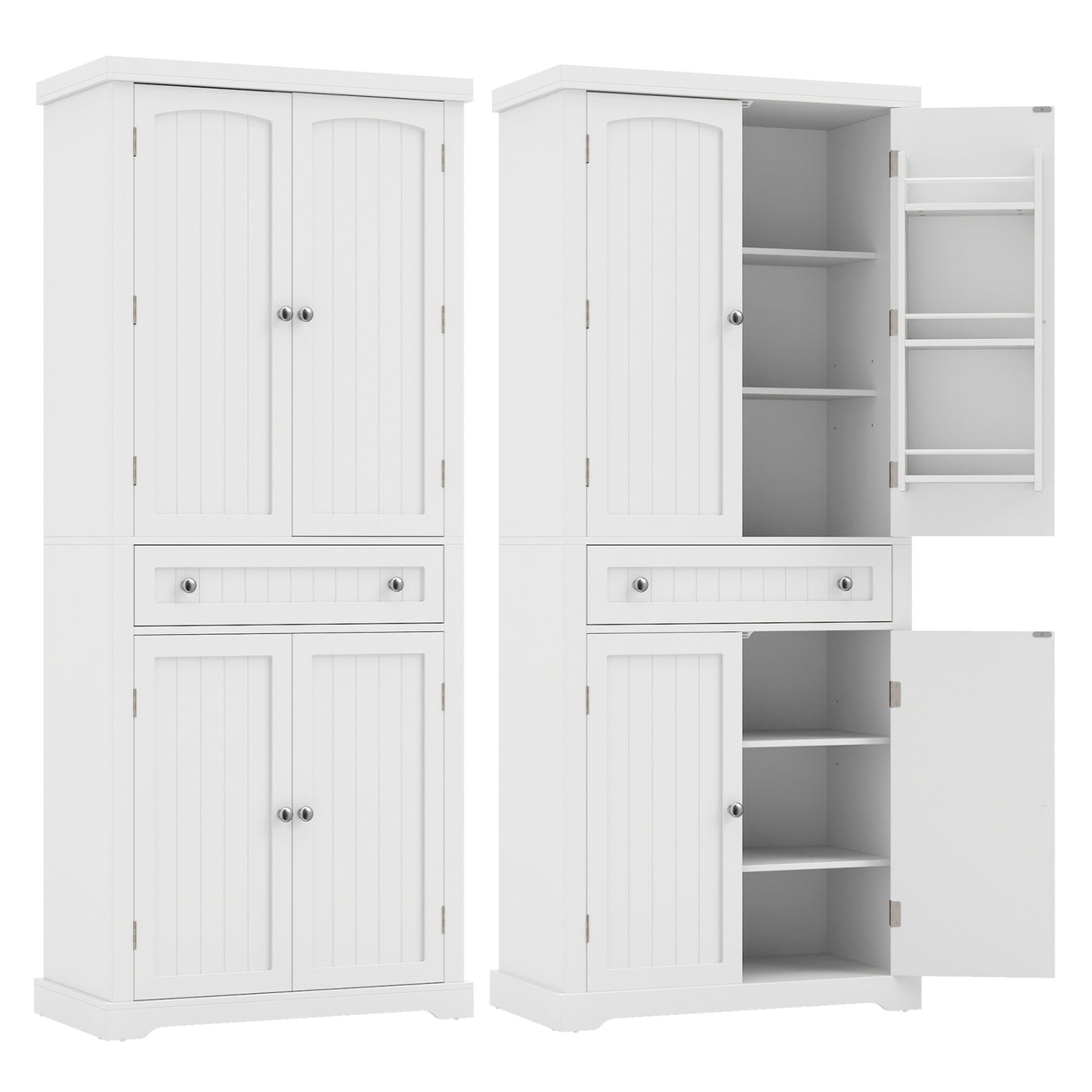 72" Tall Kitchen Pantry Cabinet, 4 Fluted Doors, 6 Shelves, White