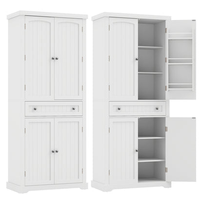 72" Tall Kitchen Pantry Cabinet, 4 Fluted Doors, 6 Shelves, White