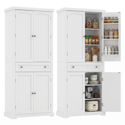 72" Tall Kitchen Pantry Cabinet, 4 Fluted Doors, 6 Shelves, White