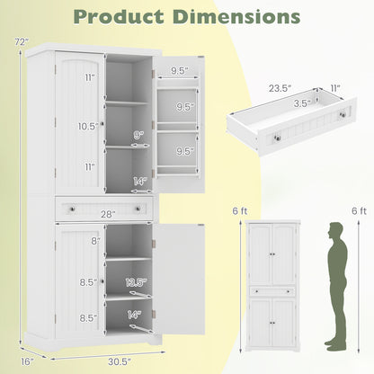 72" Tall Kitchen Pantry Cabinet, 4 Fluted Doors, 6 Shelves, White