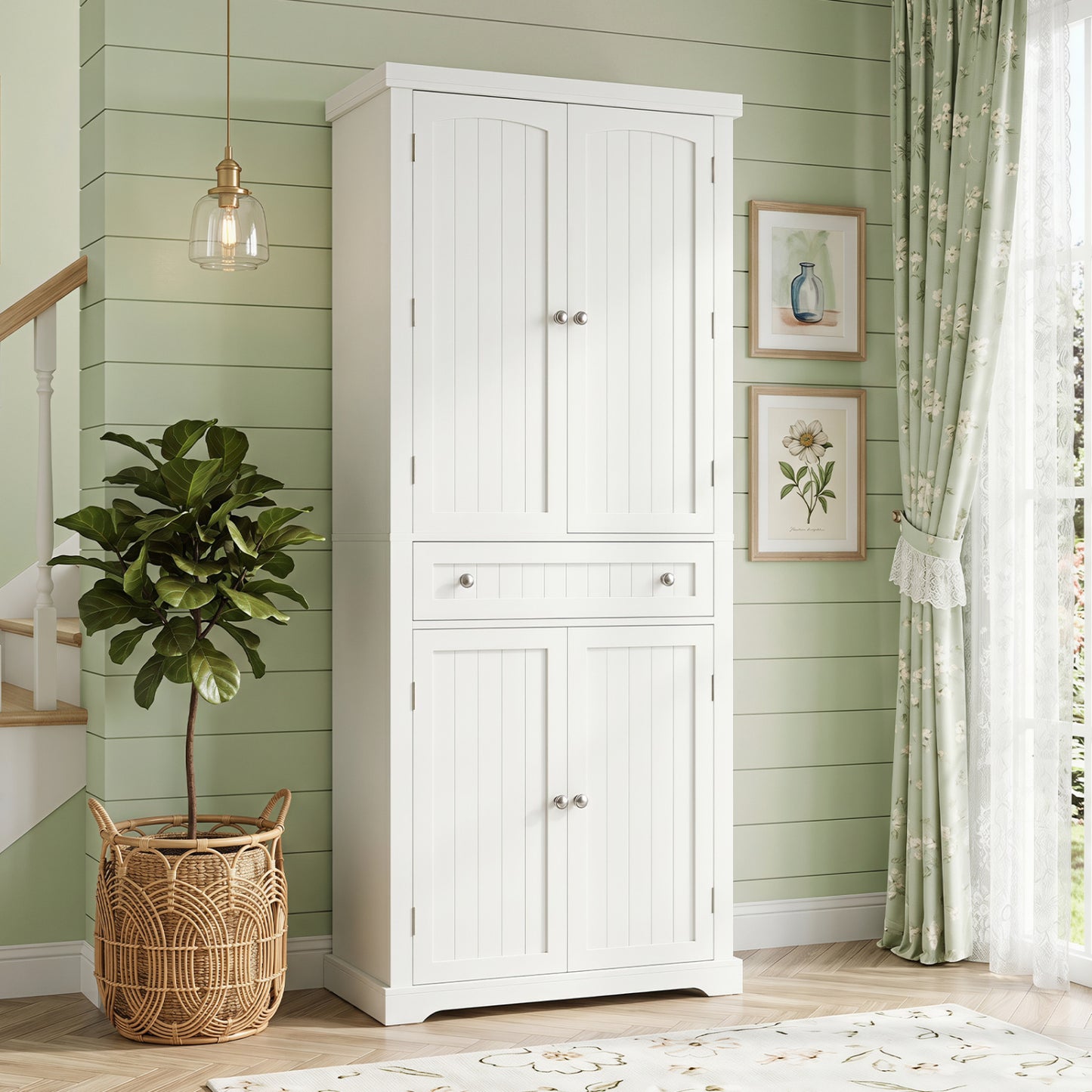 72" Tall Kitchen Pantry Cabinet, 4 Fluted Doors, 6 Shelves, White