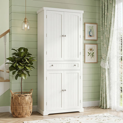 72" Tall Kitchen Pantry Cabinet, 4 Fluted Doors, 6 Shelves, White