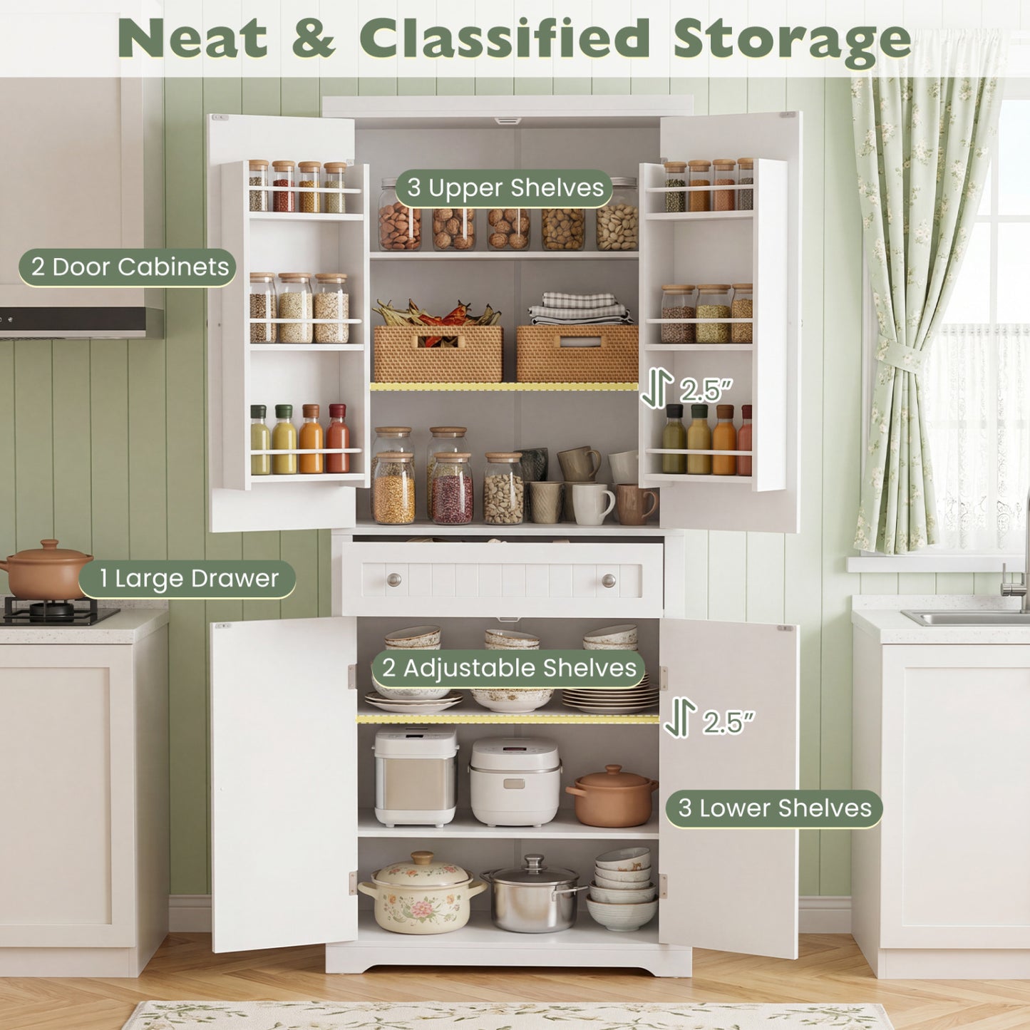72" Tall Kitchen Pantry Cabinet, 4 Fluted Doors, 6 Shelves, White