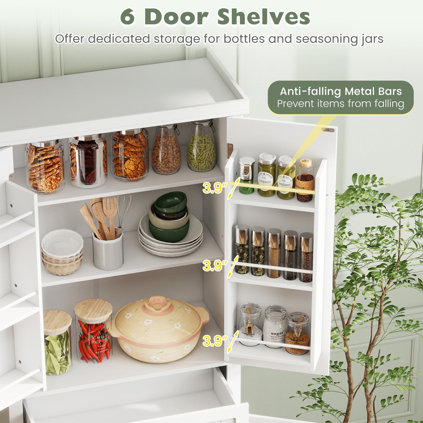 72" Tall Kitchen Pantry Cabinet, 4 Fluted Doors, 6 Shelves, White