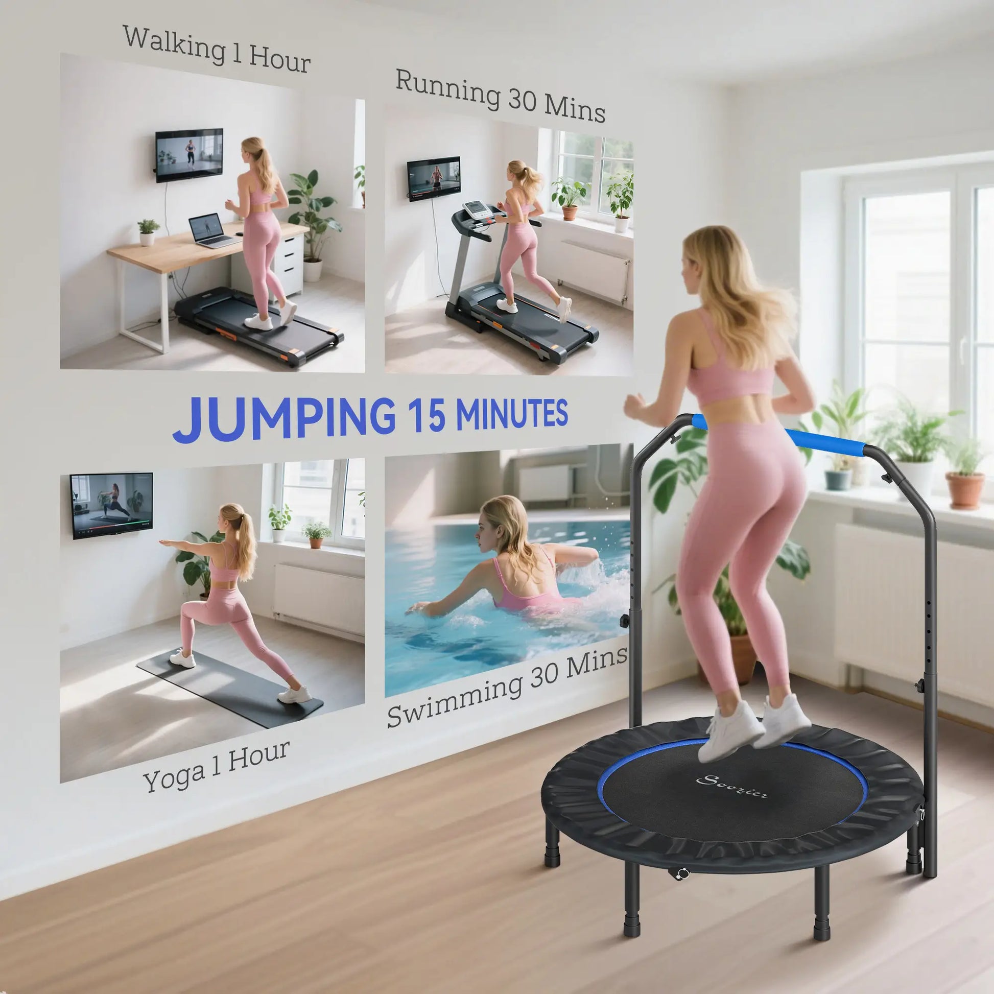 45" Foldable Mini Fitness Trampoline, Adjustable Foam Handle, Blue Trampolines at Gallery Canada