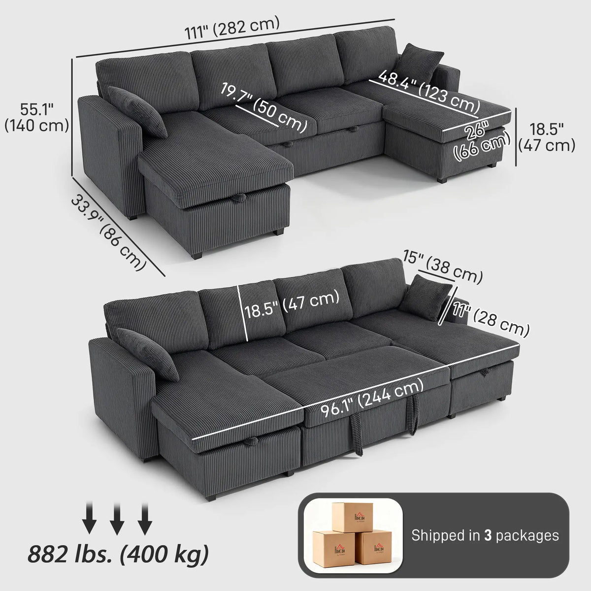 Convertible Sofa Bed, U-Shaped Sleeper Couch with Storage Chaise, Grey Sofas & Reclining Chairs at Gallery Canada