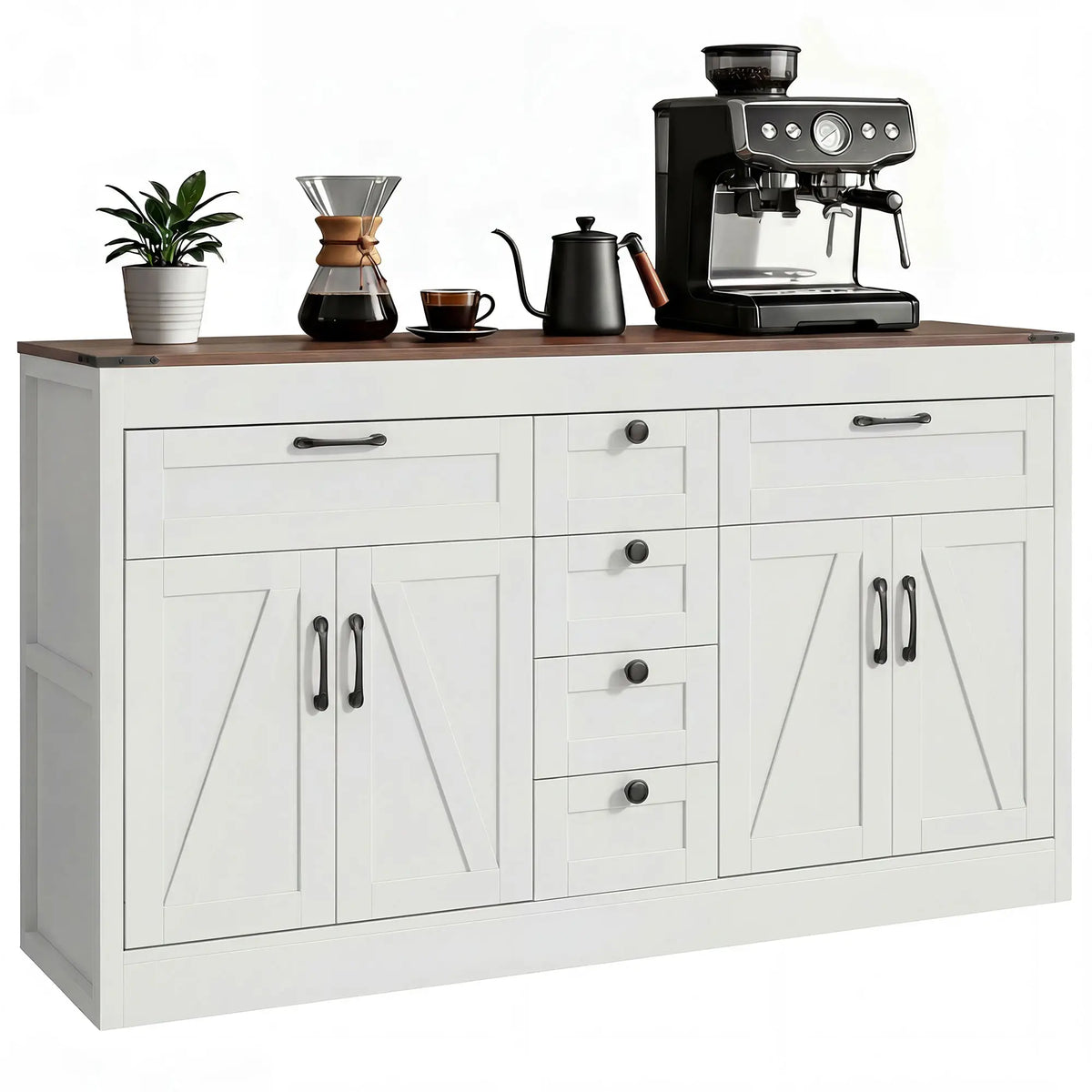 55" Sideboard Buffet Cabinet, Farmhouse Kitchen With Barn Doors, White Bar Cabinets at Gallery Canada