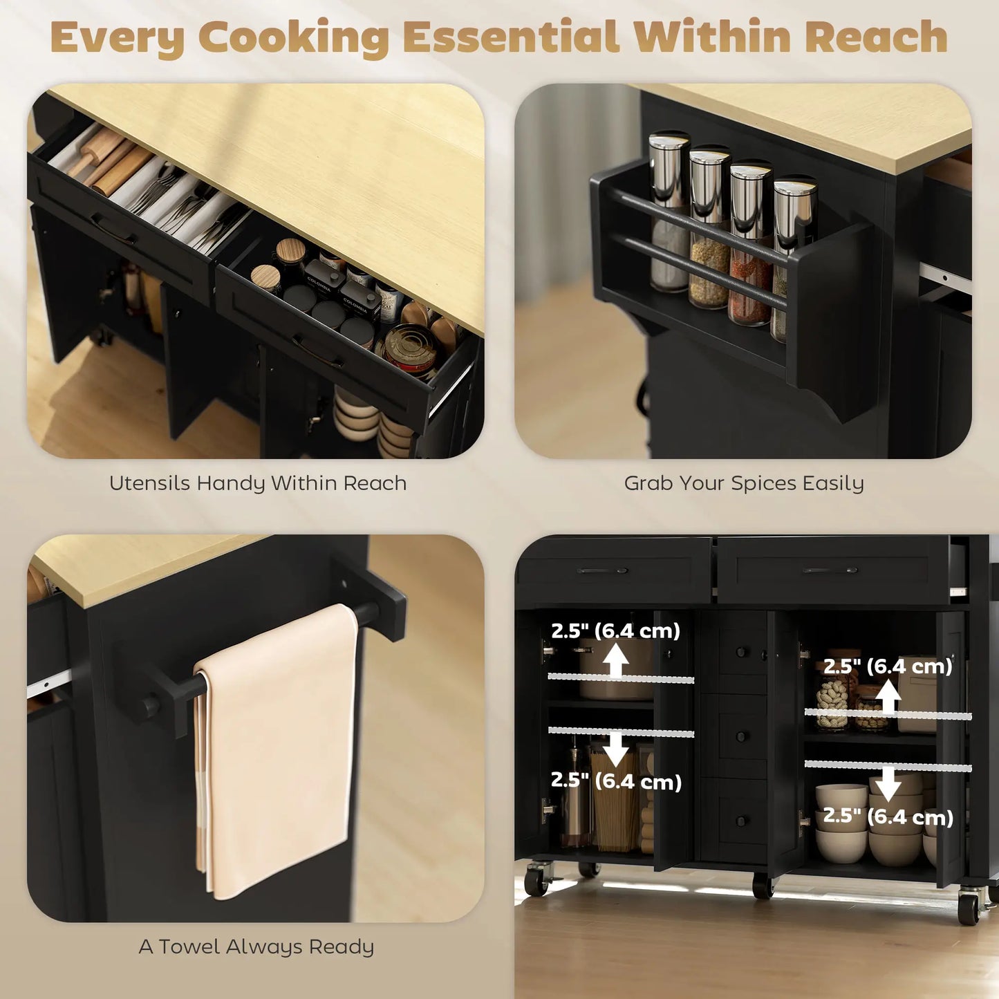 55" Kitchen Island Cart With Power Outlet, Drop Leaf, Storage, Black Kitchen Islands & Kitchen Carts at Gallery Canada