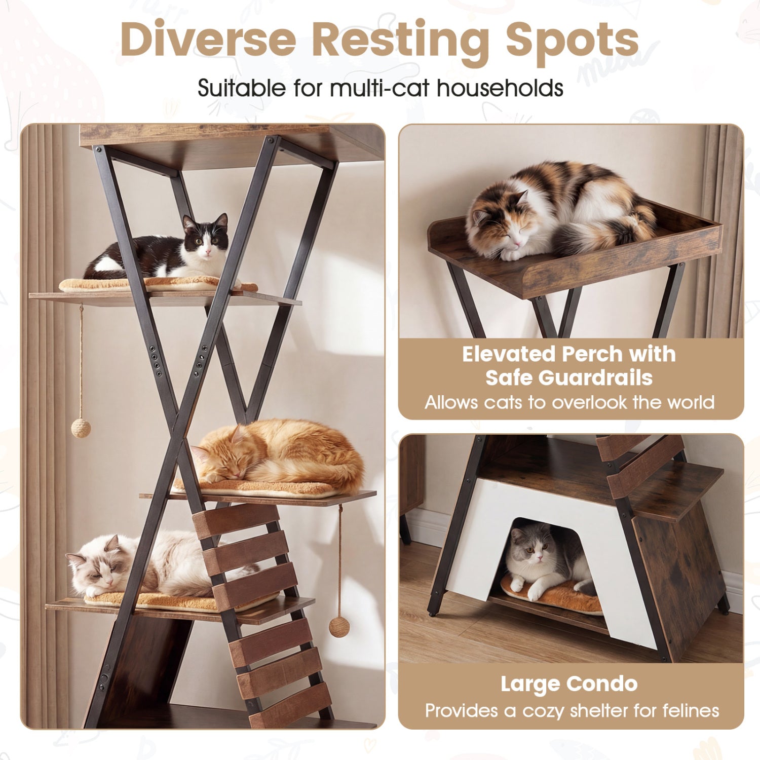 73 Inch Multi-Level Cat Tree, Elevated Perch, Large Condo, Brown Cat Trees Condos & Scratchers at Gallery Canada