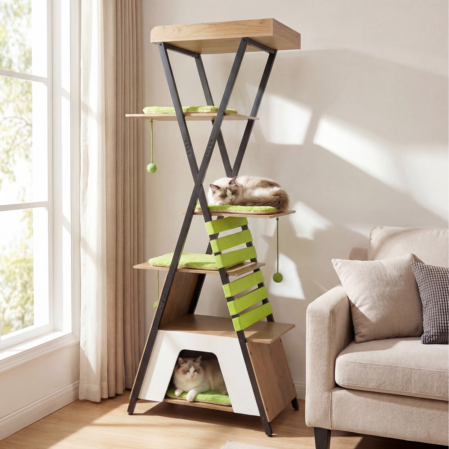 73 Inch Multi-Level Cat Tree, Elevated Perch, Large Condo, Green Cat Trees Condos & Scratchers at Gallery Canada