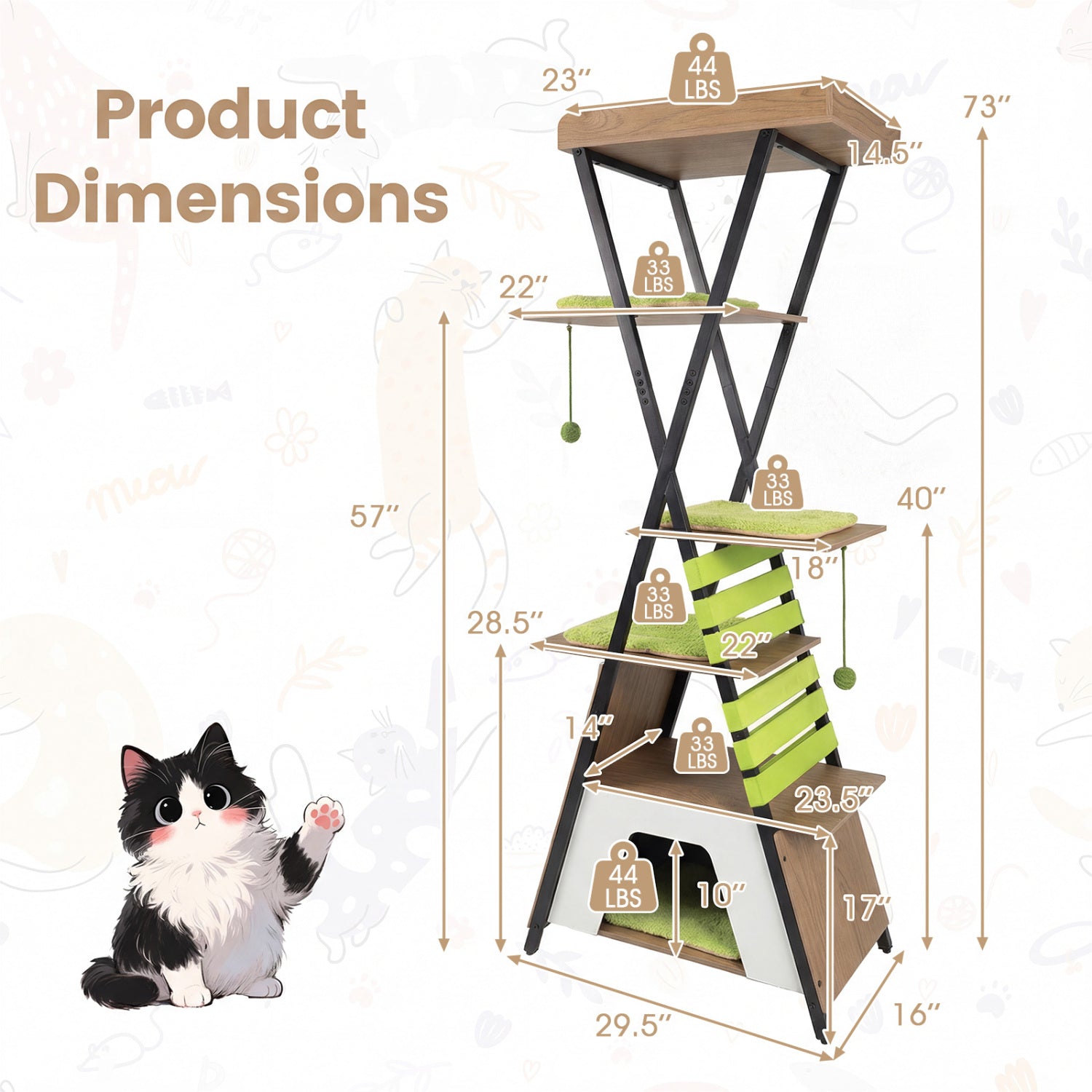 73 Inch Multi-Level Cat Tree, Elevated Perch, Large Condo, Green Cat Trees Condos & Scratchers at Gallery Canada