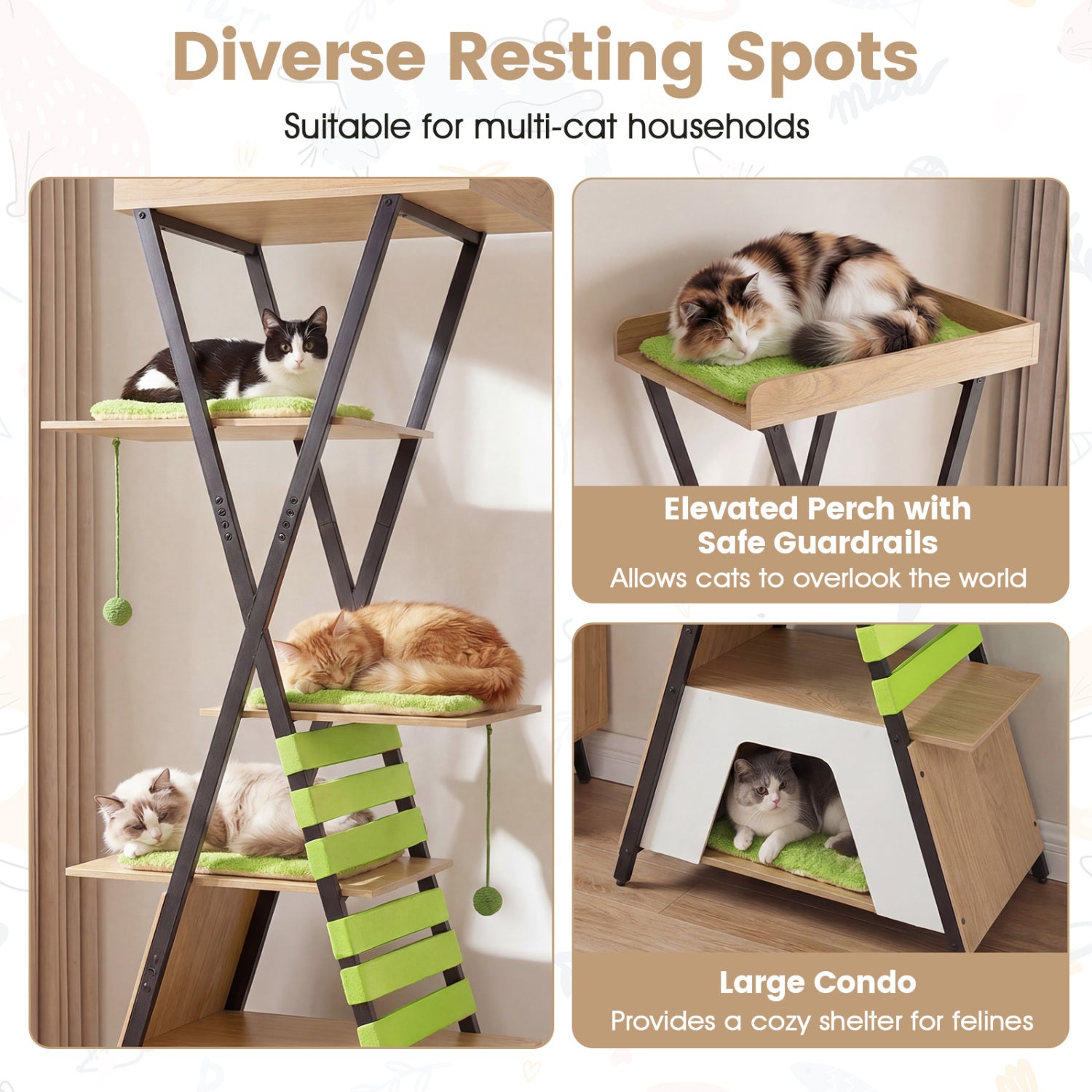 73 Inch Multi-Level Cat Tree, Elevated Perch, Large Condo, Green Cat Trees Condos & Scratchers at Gallery Canada