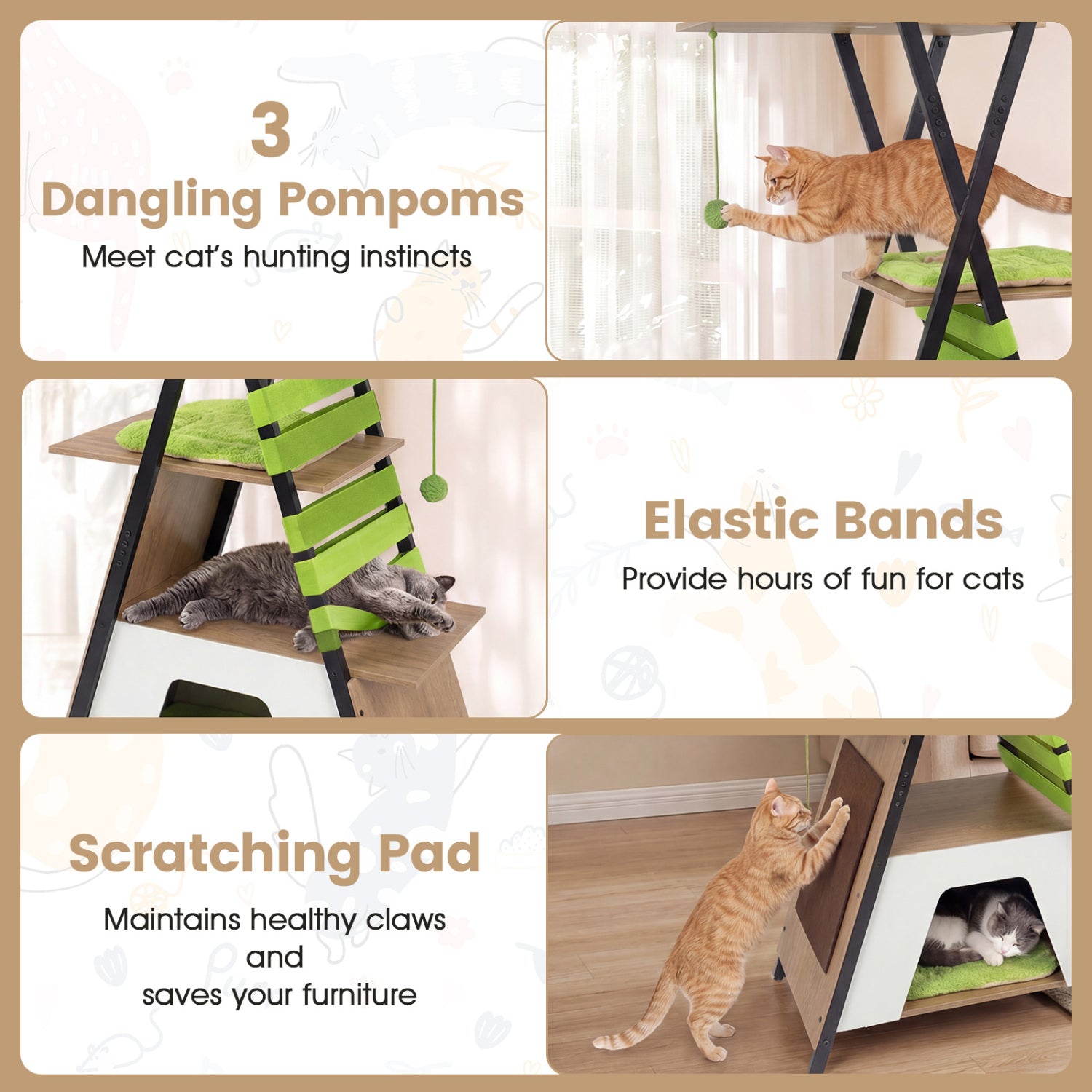 73 Inch Multi-Level Cat Tree, Elevated Perch, Large Condo, Green Cat Trees Condos & Scratchers at Gallery Canada