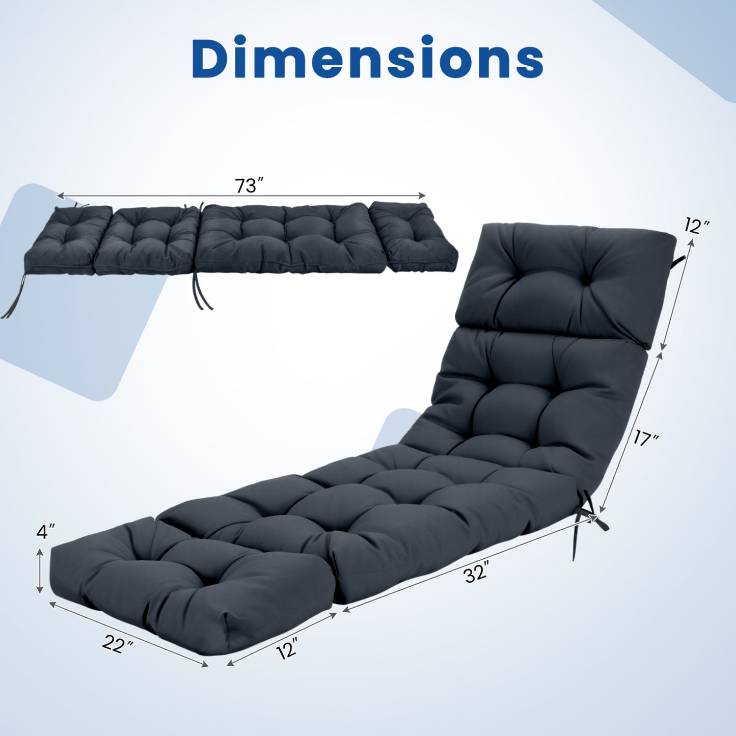 Ensemble de coussins de chaise longue d'extérieur 73" x 22", dossier haut, gris