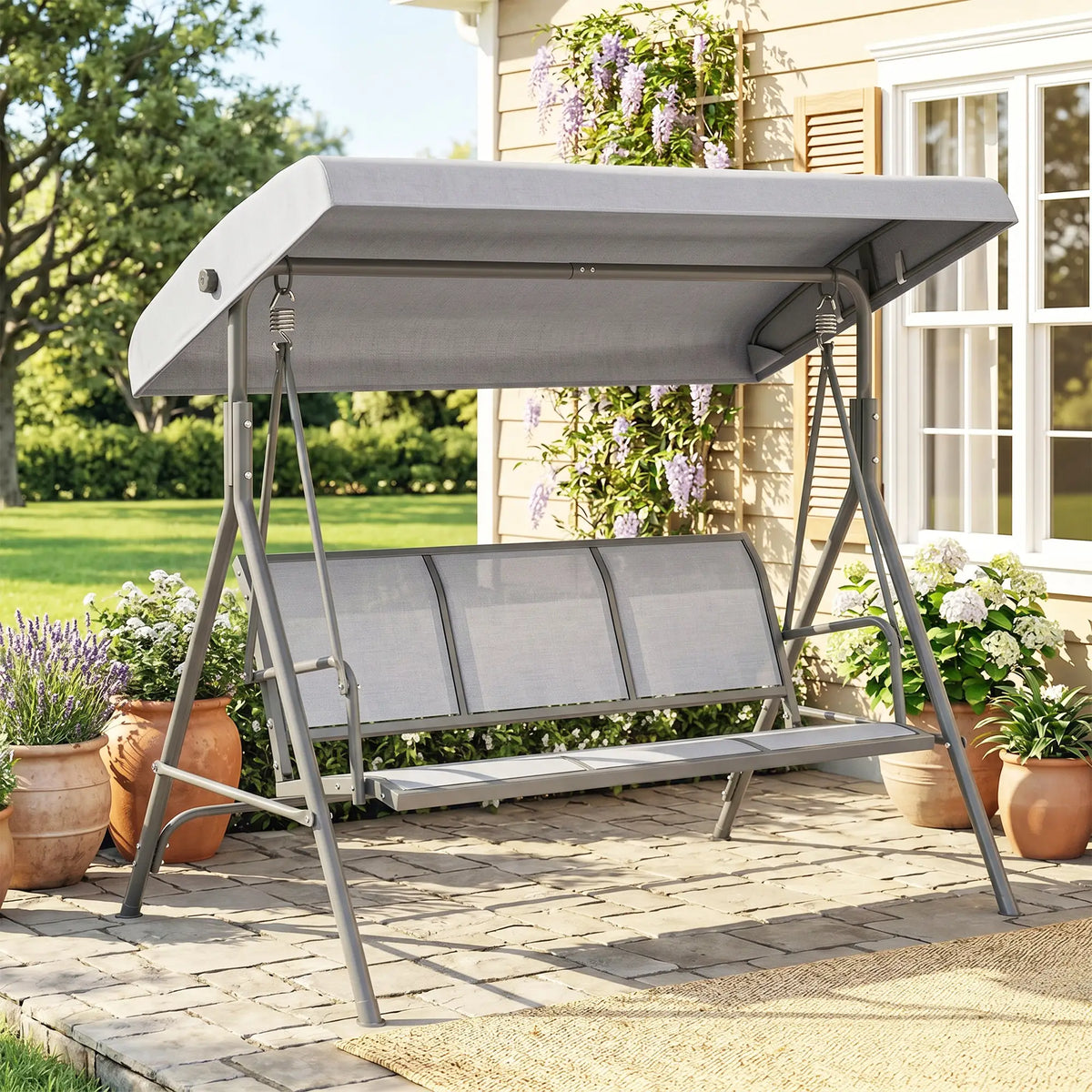 Chaise Balançoire 3 Places, Hamac de Jardin à Cadre en A, Toit Ajustable, Gris