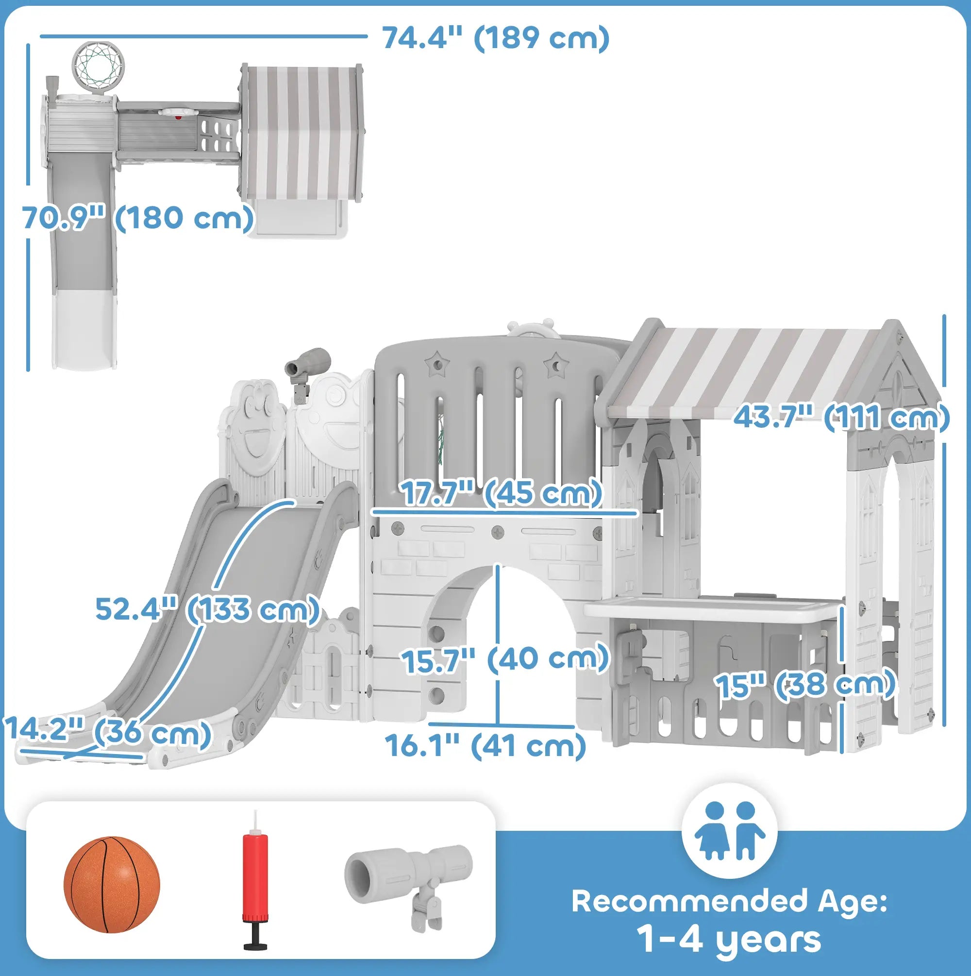 7-in-1 Toddler Slide Climber Playset with Playhouse, Basketball Hoop, Grey Gym Sets & Swings at Gallery Canada