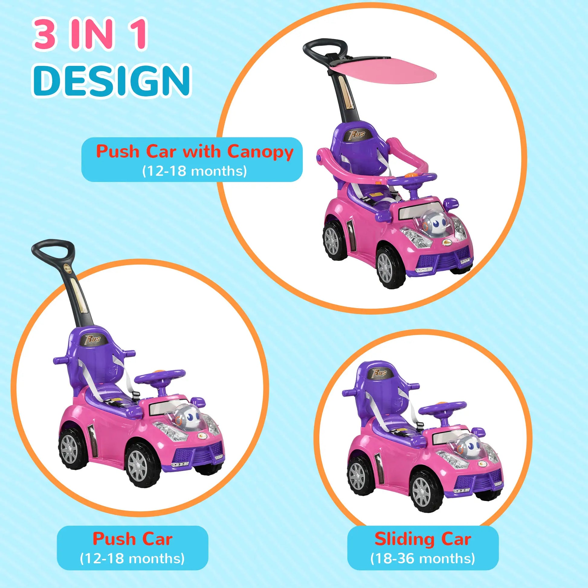 3 in 1 Kids Push Car, Toddler Sliding, Foot to Floor, Pink Push Cars for Toddlers at Gallery Canada
