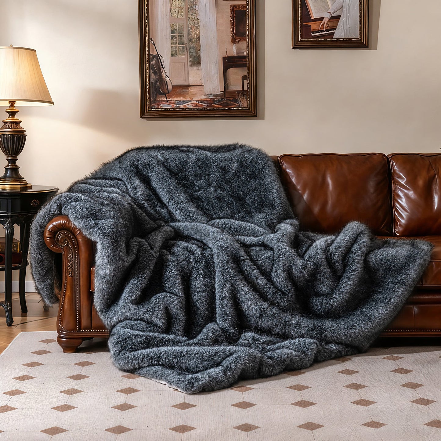 740GSM Soft Plush Fuzzy Luxury Faux Wolf Fur Blanket for Sofa-GR, Gray