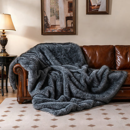 740GSM Soft Plush Fuzzy Luxury Faux Wolf Fur Blanket for Sofa-GR, Gray