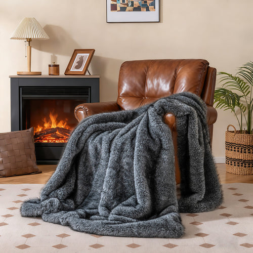 740GSM Soft Plush Fuzzy Luxury Faux Wolf Fur Blanket for Sofa-GR, Gray