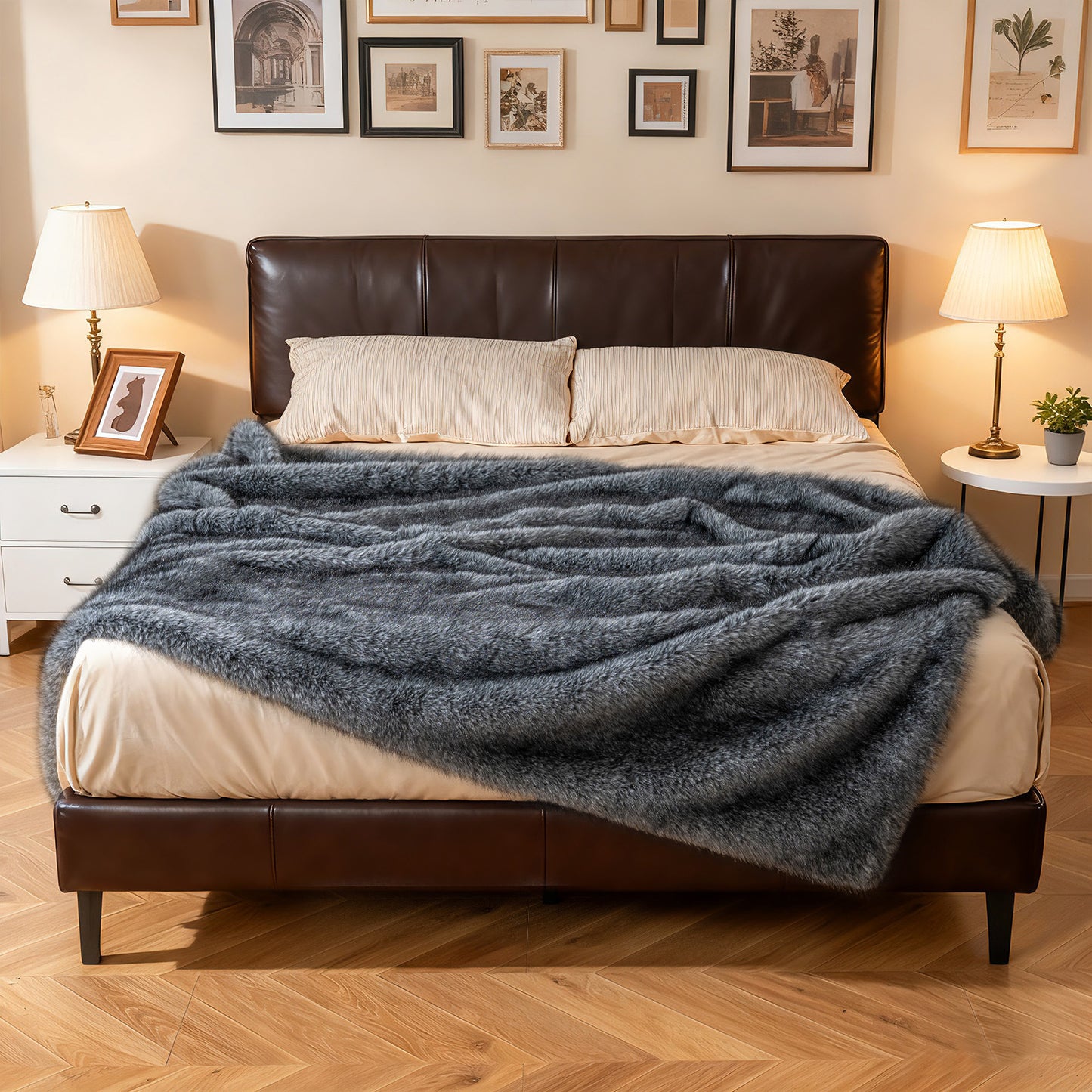 740GSM Soft Plush Fuzzy Luxury Faux Wolf Fur Blanket for Sofa-GR, Gray Bedding at Gallery Canada