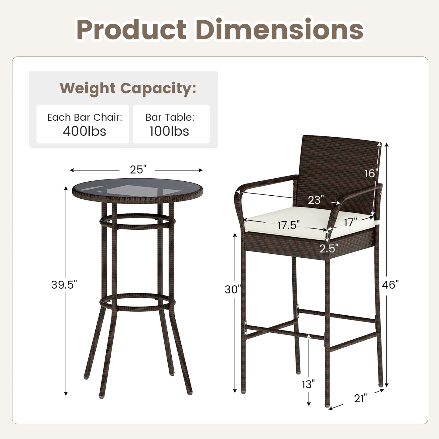 Patio Rattan Bar Height Table and Chairs with 2 Seat Cushions for Porch, White Patio Bar Furniture at Gallery Canada