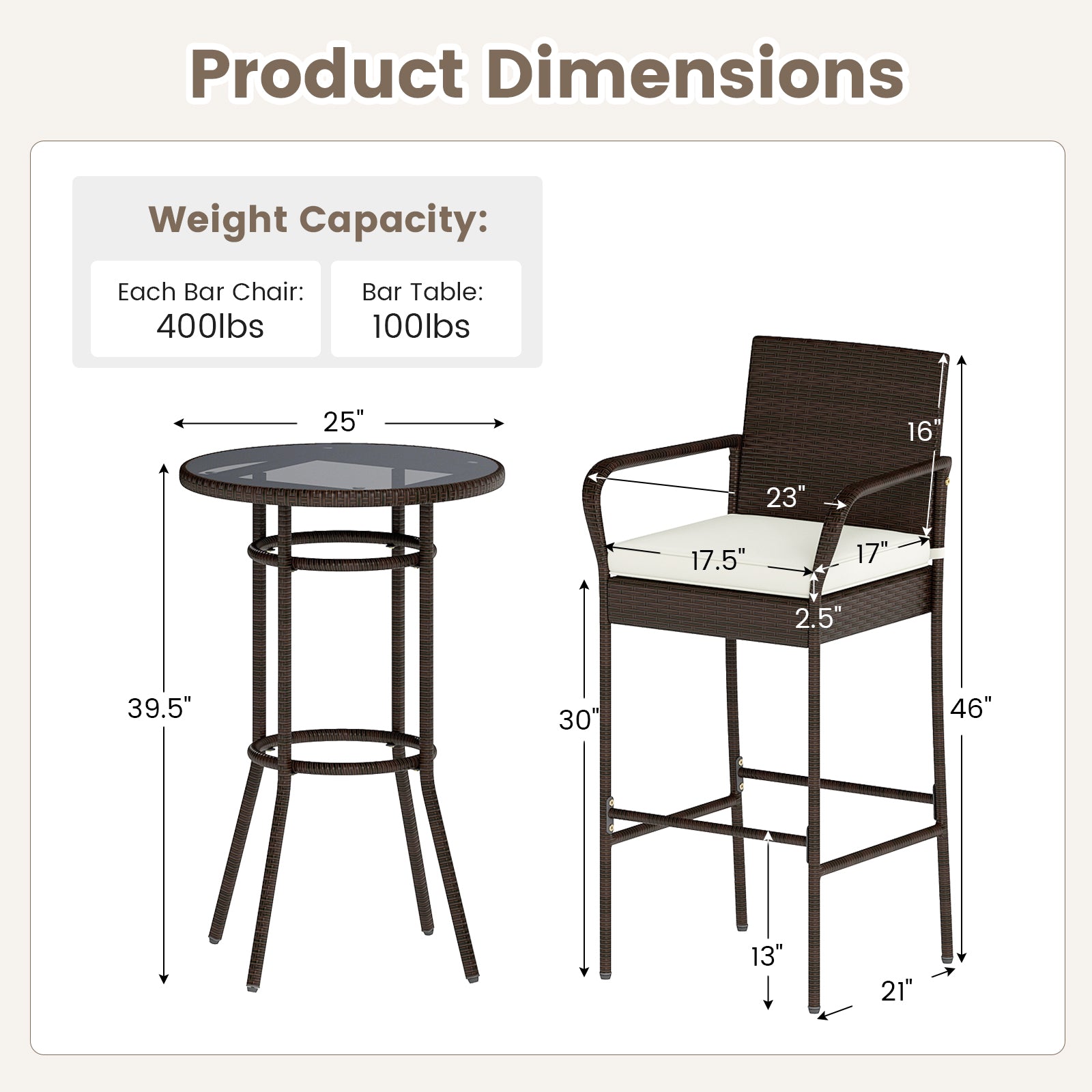 Patio Rattan Bar Height Table and Chairs with 2 Seat Cushions for Porch, White Patio Bar Furniture at Gallery Canada