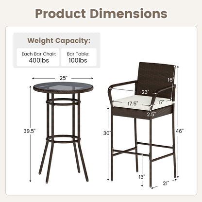 Patio Rattan Bar Height Table and Chairs with 2 Seat Cushions for Porch, White Patio Bar Furniture at Gallery Canada