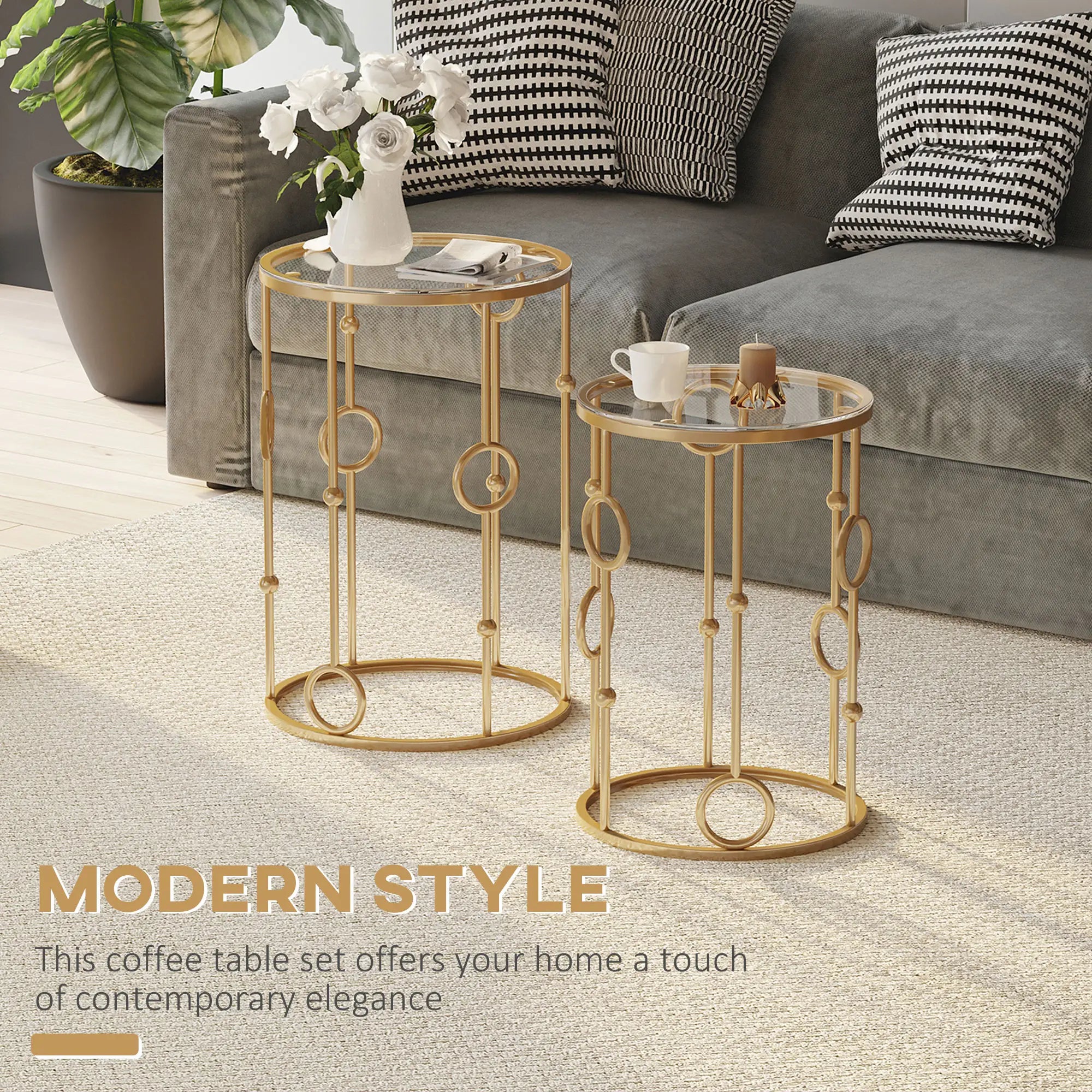 Round Coffee Tables Set of 2, Tempered Glass Top, Steel Frame, Gold Coffee Tables at Gallery Canada