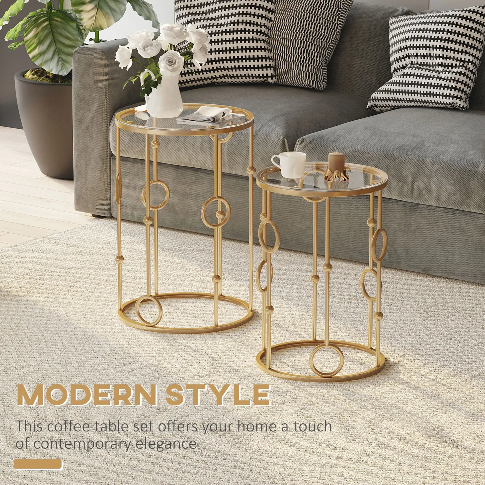 Round Coffee Tables Set of 2, Tempered Glass Top, Steel Frame, Gold Coffee Tables at Gallery Canada