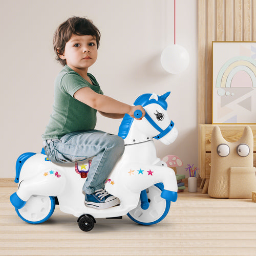 12V Unicorn Ride on Toy with Training Wheels and Horse Riding Mode, Navy